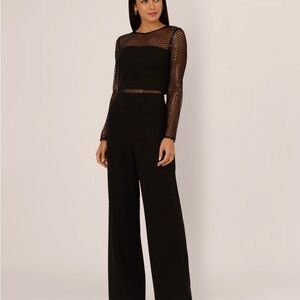 Adrianna Papell Long Sleeve Sequin Mesh Detail Wide Leg Jumpsuit In Black